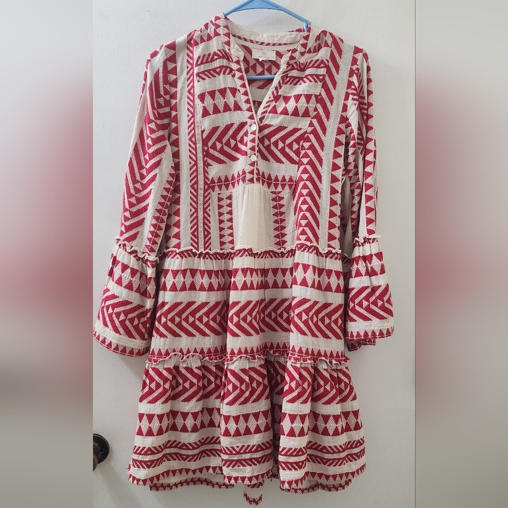Guadalupe‎ Red & Cream Patterned Tiered Dress, Size Small.